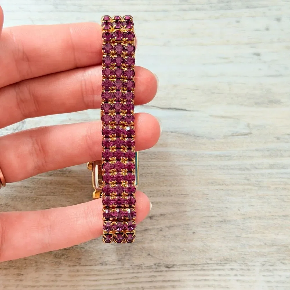 Vintage Vernier Purple Rhinestone Gold Bracelet Watch Y2K Glam Crystal Jewelry